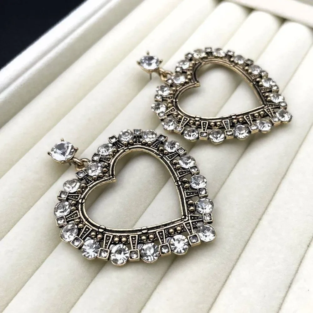 Antique Yellow Gold with White Diamond Crystal Open Heart Dangling Post Earrings